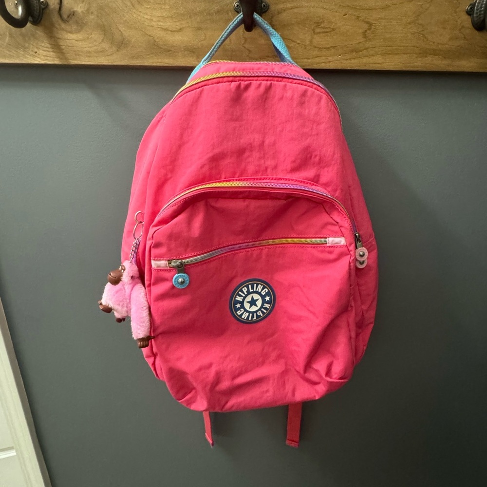 Kipling Bright Pink Backpack with Monkey Charm
